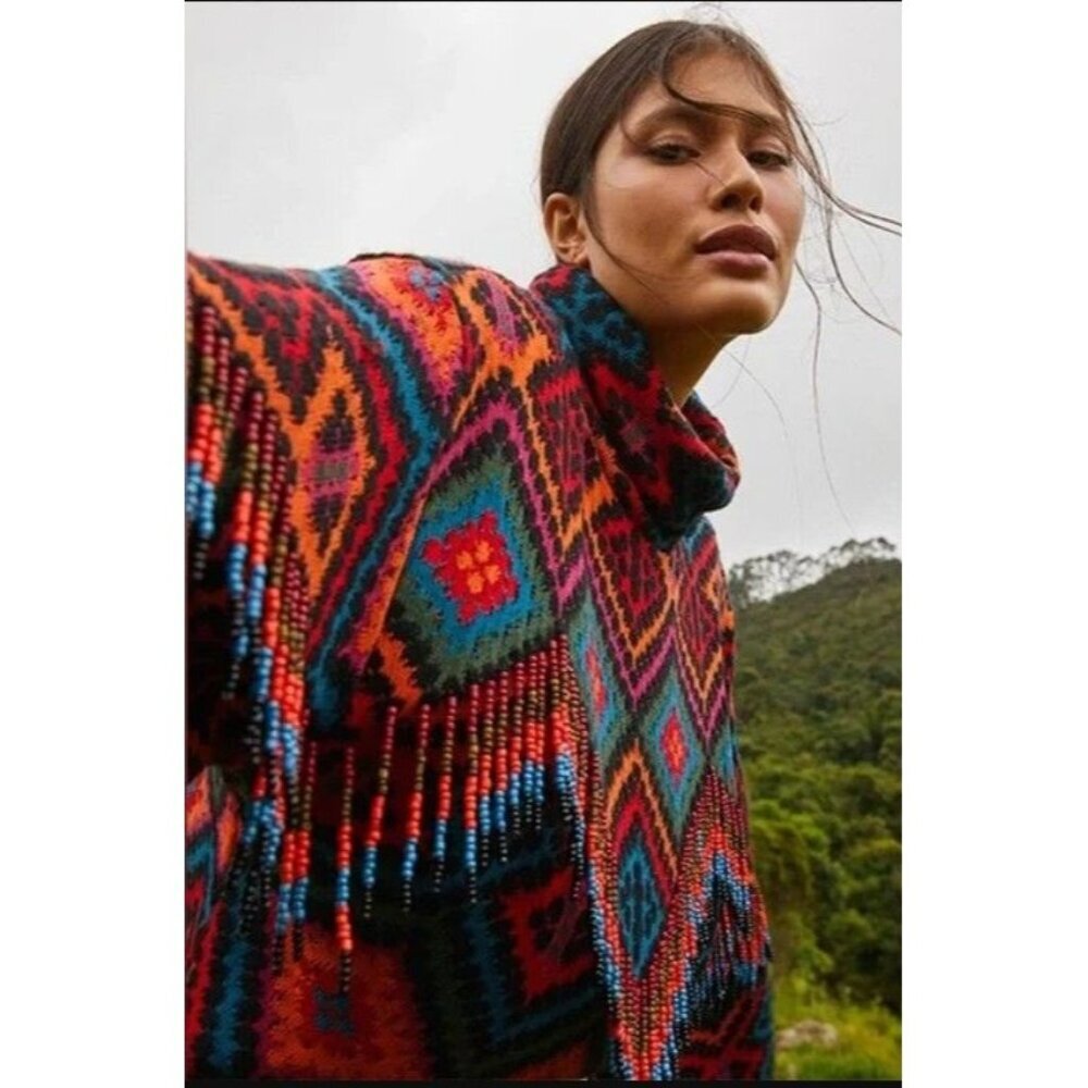 NWT Farm Rio Rauti Beaded Fringe Tassel High Neck Sweater Size XL $245